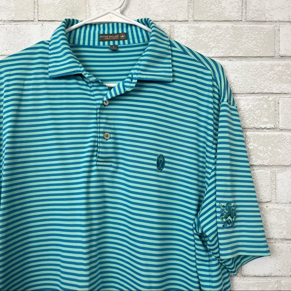 Peter Millar Summer Comfort Bright Aqua Ocean Blue Striped Course Club Logo Golf